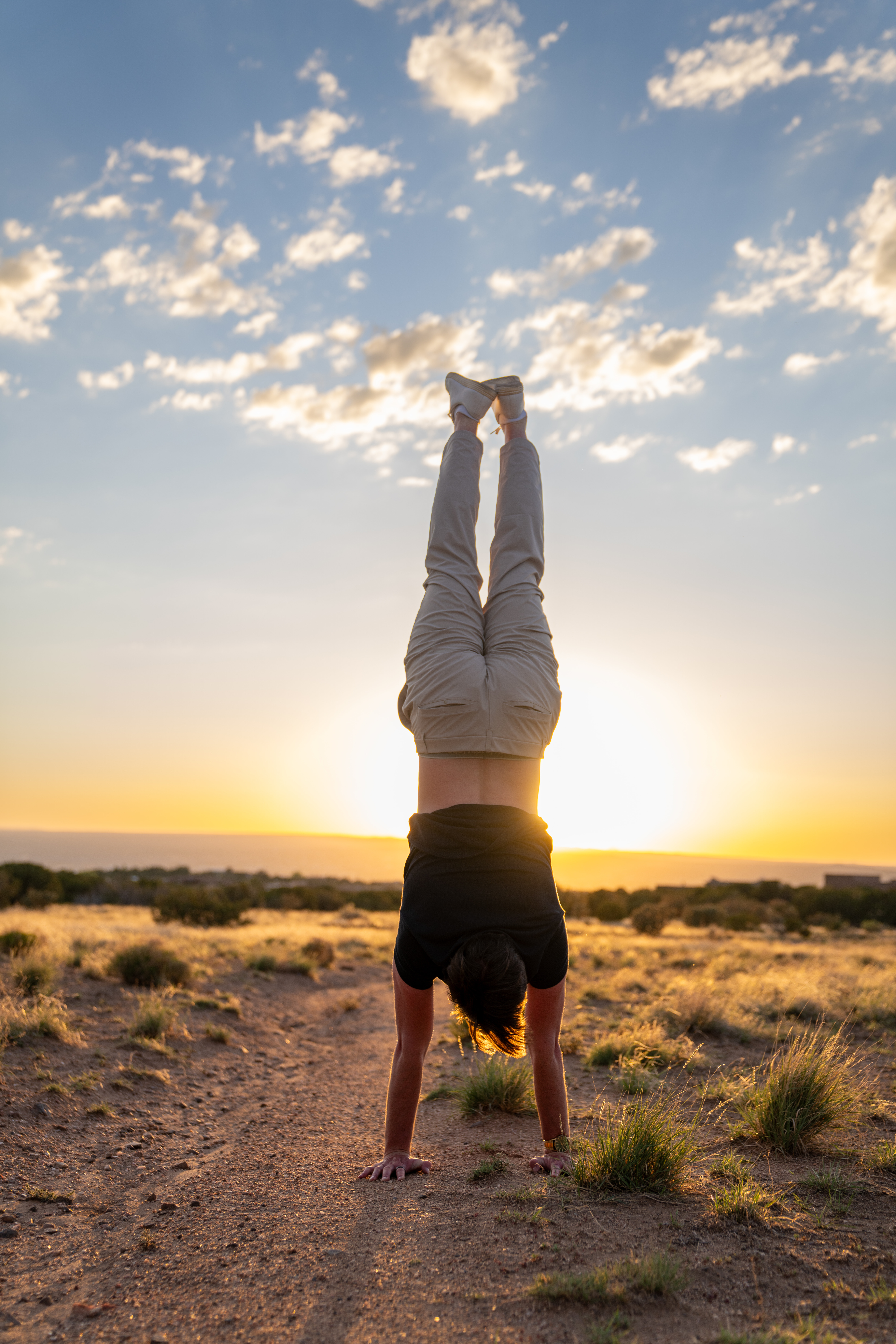 Handstand at sunset, New Mexico foothills